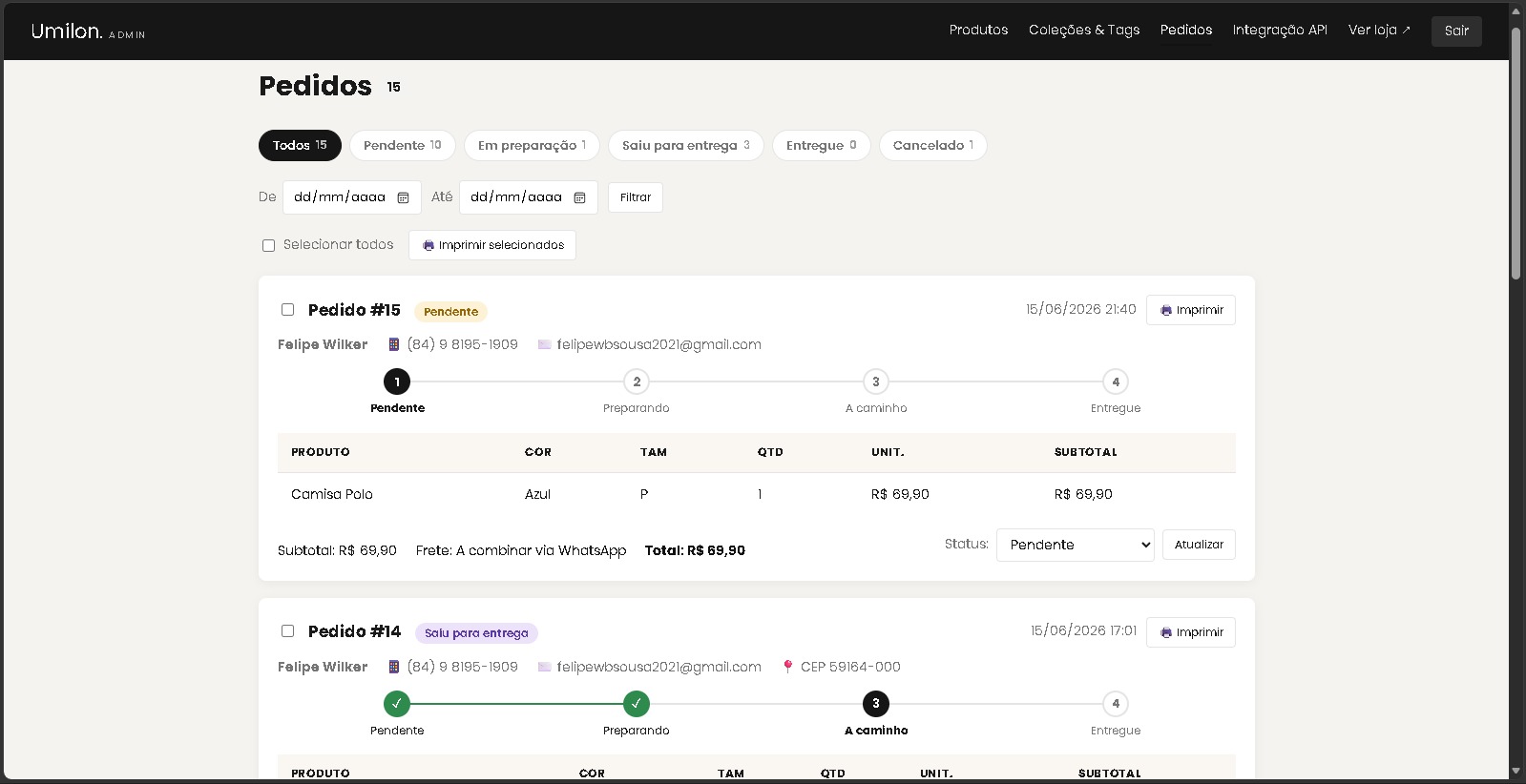 Painel de pedidos da Umilon